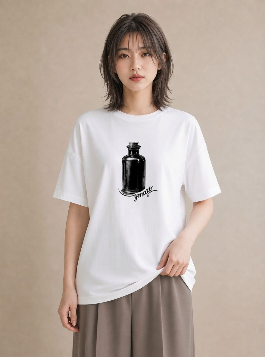Tシャツ レディース ガラス瓶 小枝 ボタニカル ナチュラル アンティーク イラスト 韓国風 ビーチ デイリーウェア 白T YMAZO