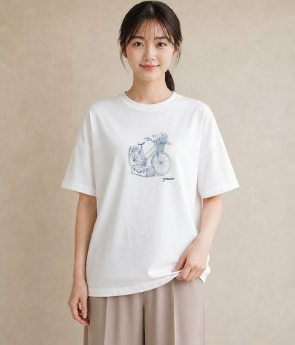プリントTシャツ レディース 自転車のかご 自転車 花かご ナチュラル アンティーク イラスト 線画 通勤 在宅 白T YMAZO