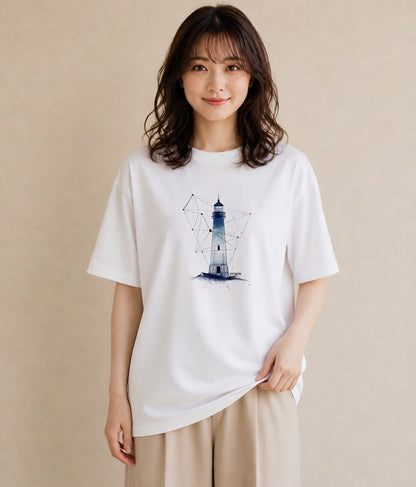 Tシャツ レディース 灯台 霧 海 ナチュラル アンティーク イラスト ラフカジュアル カフェ巡り 女子会 白T YMAZO