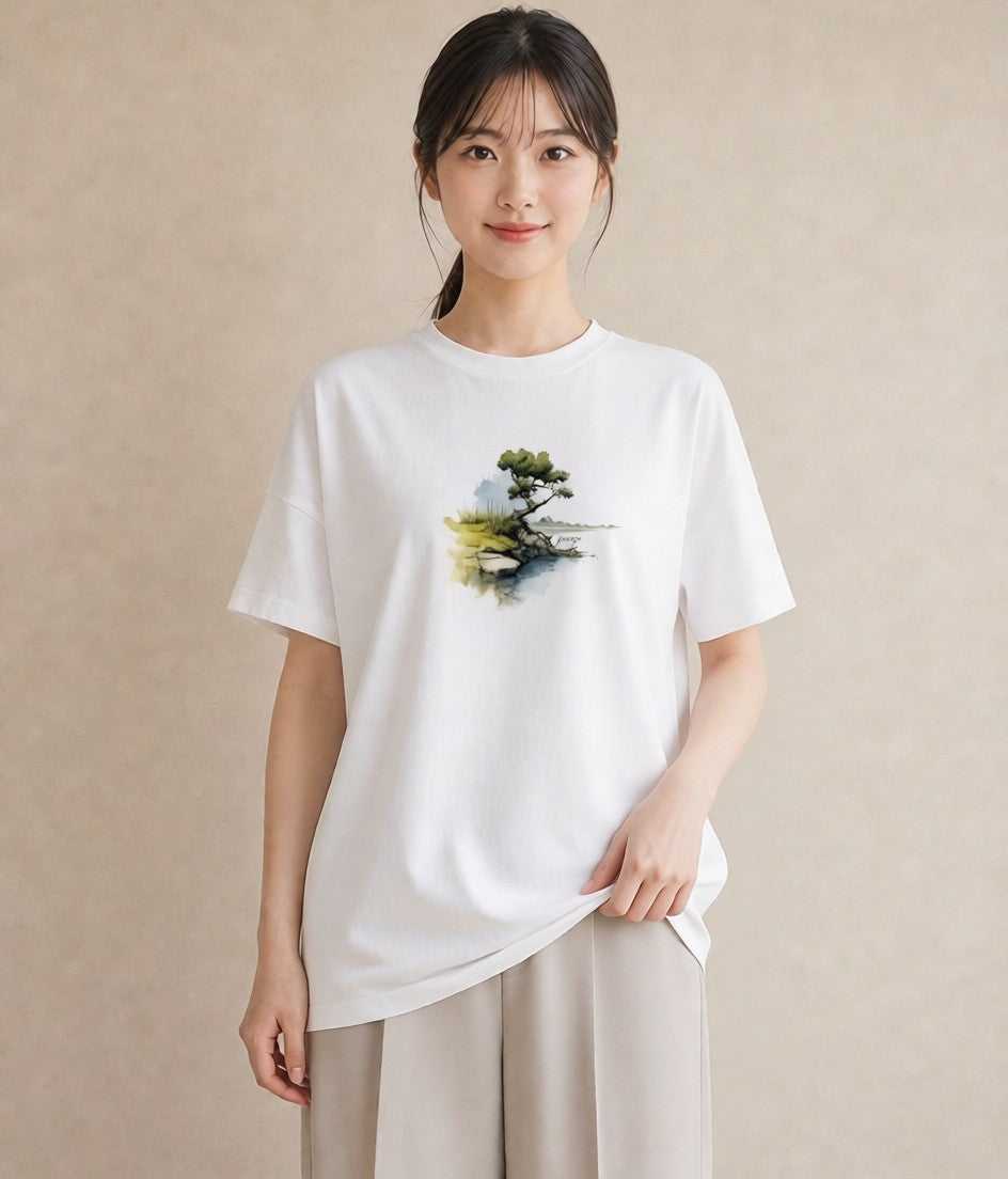 半袖Tシャツ レディース 盆栽 植物 ボタニカル イラスト 韓国風 部屋着 女性向けギフト 白T YMAZO