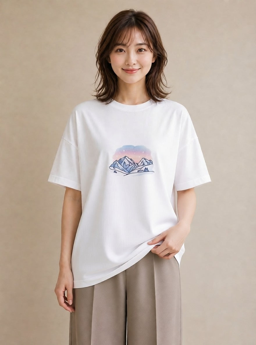 半袖Tシャツ レディース オーロラ 星空 宇宙 イラスト 個性的 春服 ミセス 白T YMAZO