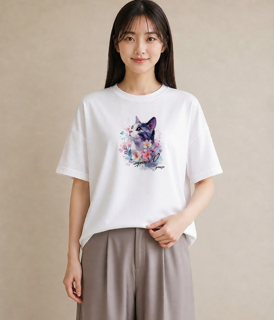 半袖Tシャツ レディース 三毛猫 みけねこ 三毛 猫 ねこ イラスト 旅行 母娘コーデ 白T YMAZO
