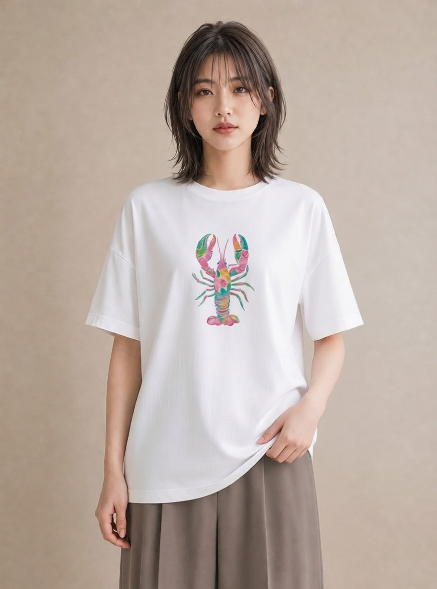 グラフィックTシャツ レディース エビ 海の生き物 海 イラスト カジュアル 通勤 在宅 白T YMAZO