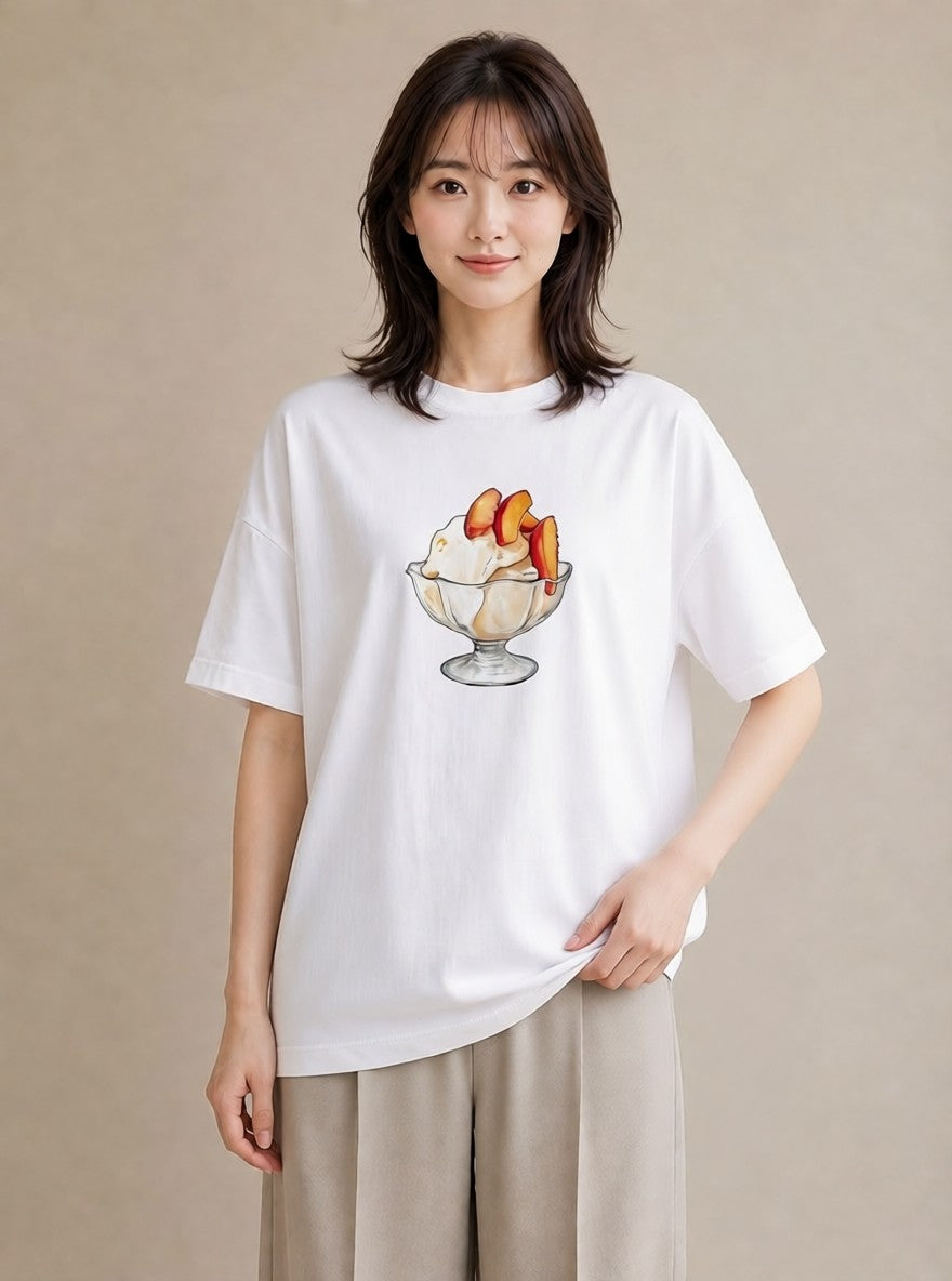 デザインTシャツ レディース もも 食べ物 フード イラスト ヴィンテージ風 休日 ペアコーデ 白T YMAZO
