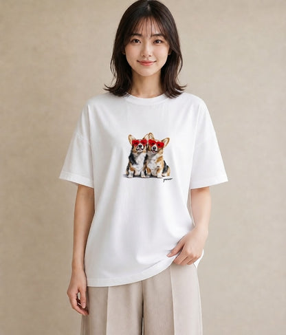 デザインTシャツ レディース ウェルシュコーギー コーギー 犬 いぬ イラスト ポップ 女子会 お揃い 白T YMAZO