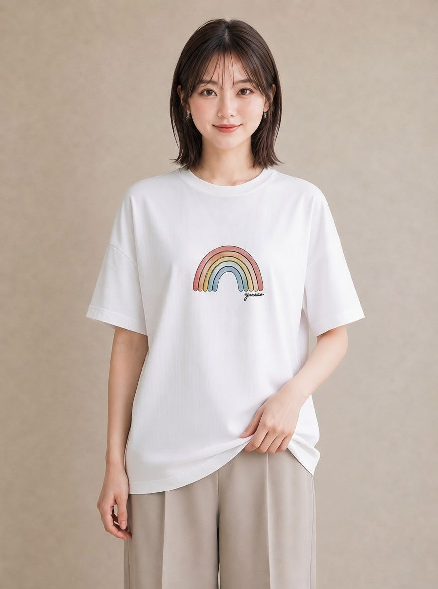 半袖Tシャツ レディース 虹 星空 宇宙 イラスト 手描き風 友達ギフト 部屋着 白T YMAZO