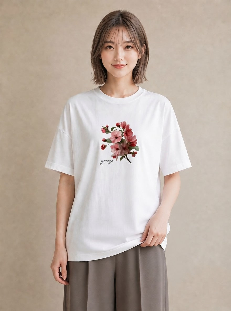 半袖Tシャツ レディース 梅 花 花柄 イラスト ボタニカル 帰省 ラフ 白T