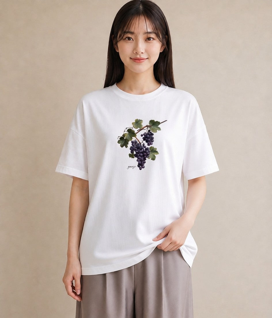 デザインTシャツ レディース ぶどう 葡萄 食べ物 フード イラスト カジュアル ママ カフェ服 白T YMAZO