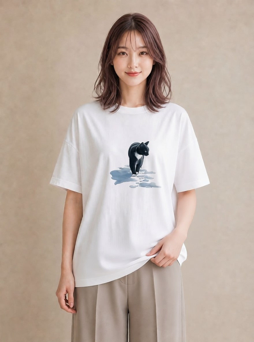 グラフィックTシャツ レディース 靴下猫 猫 ねこ イラスト 抜け感 自分用 ルームウェア 白T YMAZO