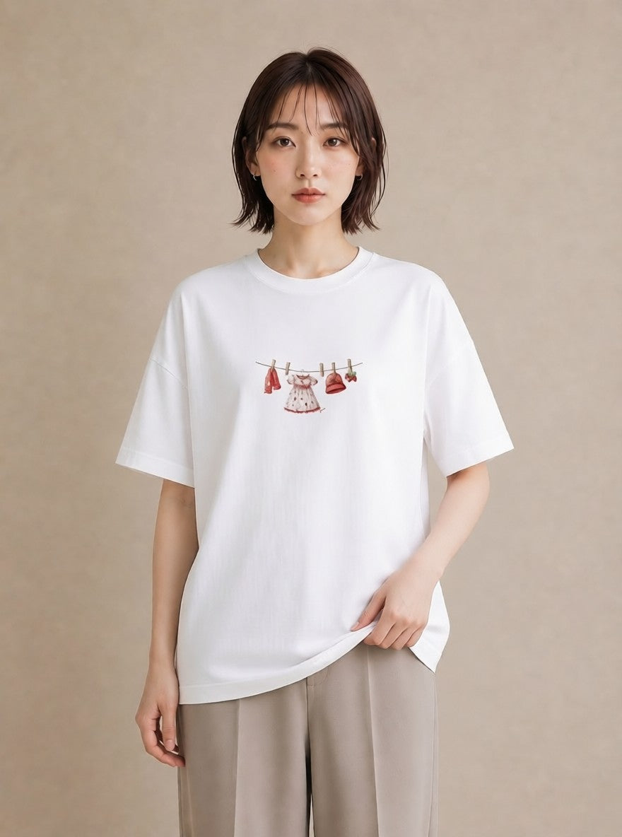 半袖Tシャツ レディース 洗濯物 風 ナチュラル アンティーク イラスト 抜け感 友達ギフト 部屋着 白T YMAZO