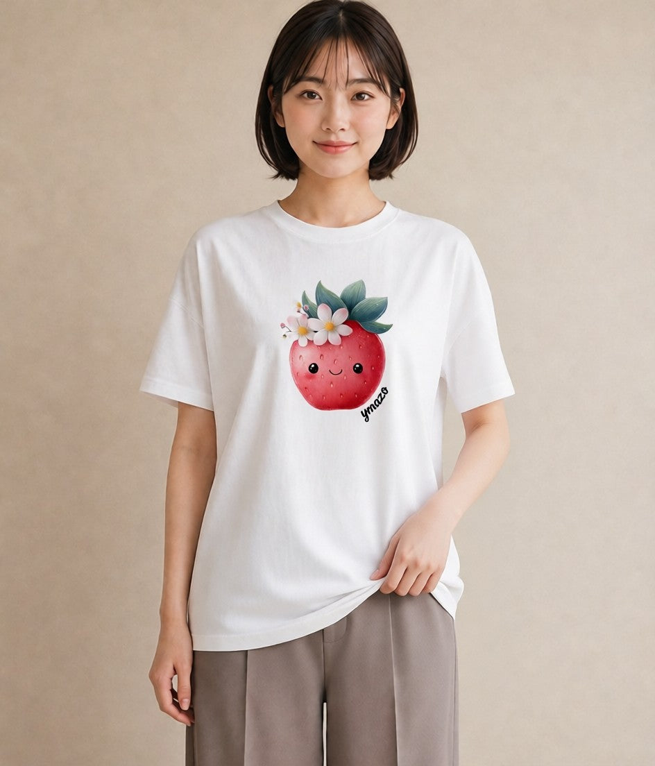 デザインTシャツ レディース いちご 苺 ストロベリー 食べ物 フード イラスト 普段使い レイヤード 友達ギフト 白T YMAZO