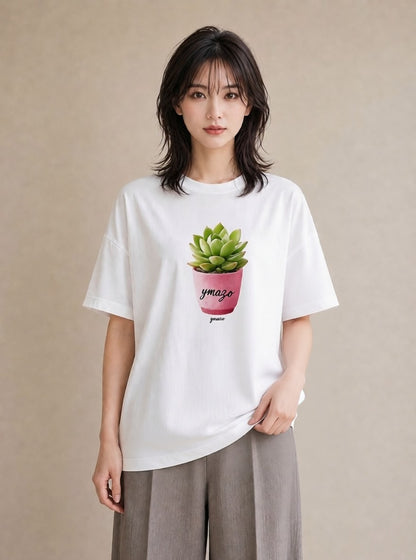 プリントTシャツ レディース 多肉植物 植物 ボタニカル イラスト ゆるかわ 20代 カジュアルコーデ 白T YMAZO