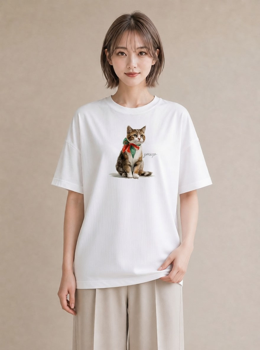 Tシャツ レディース 三毛猫 みけねこ 三毛 猫 ねこ イラスト 線画 在宅 公園 白T YMAZO