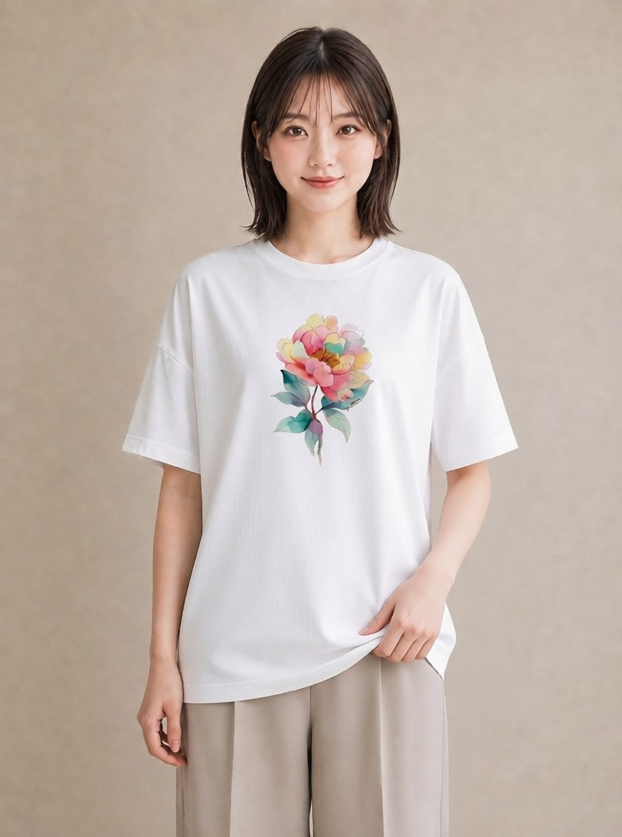 Tシャツ レディース 牡丹 花 花柄 イラスト ゆるコーデ ビーチ デイリーウェア 白T