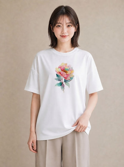 Tシャツ レディース 牡丹 花 花柄 イラスト ゆるコーデ ビーチ デイリーウェア 白T