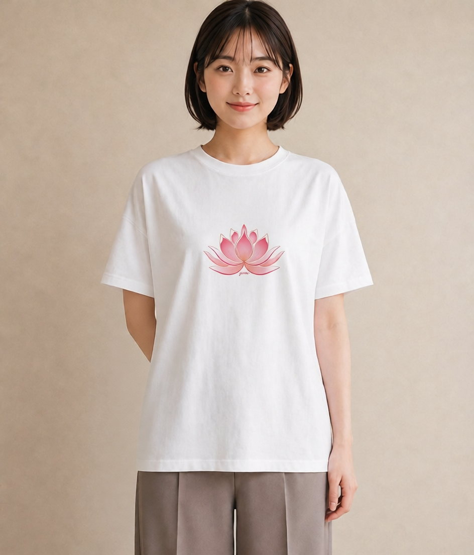 グラフィックTシャツ レディース 蓮 花 花柄 イラスト モード 休日 ペアコーデ 白T YMAZO