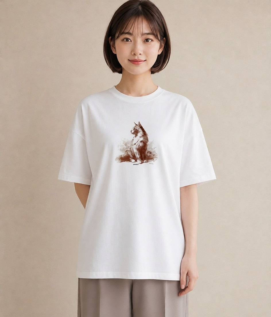 デザインTシャツ レディース 猫 ねこ イラスト 抜け感 通勤 在宅 白T YMAZO