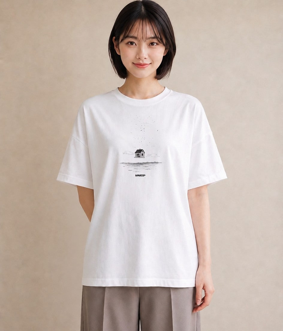デザインTシャツ レディース 桟橋 水辺 波止場 ナチュラル アンティーク イラスト 普段使い 夏コーデ 通学 白T YMAZO
