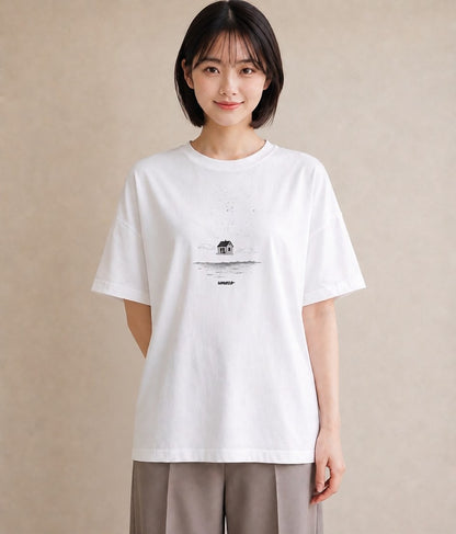 デザインTシャツ レディース 桟橋 水辺 波止場 ナチュラル アンティーク イラスト 普段使い 夏コーデ 通学 白T YMAZO