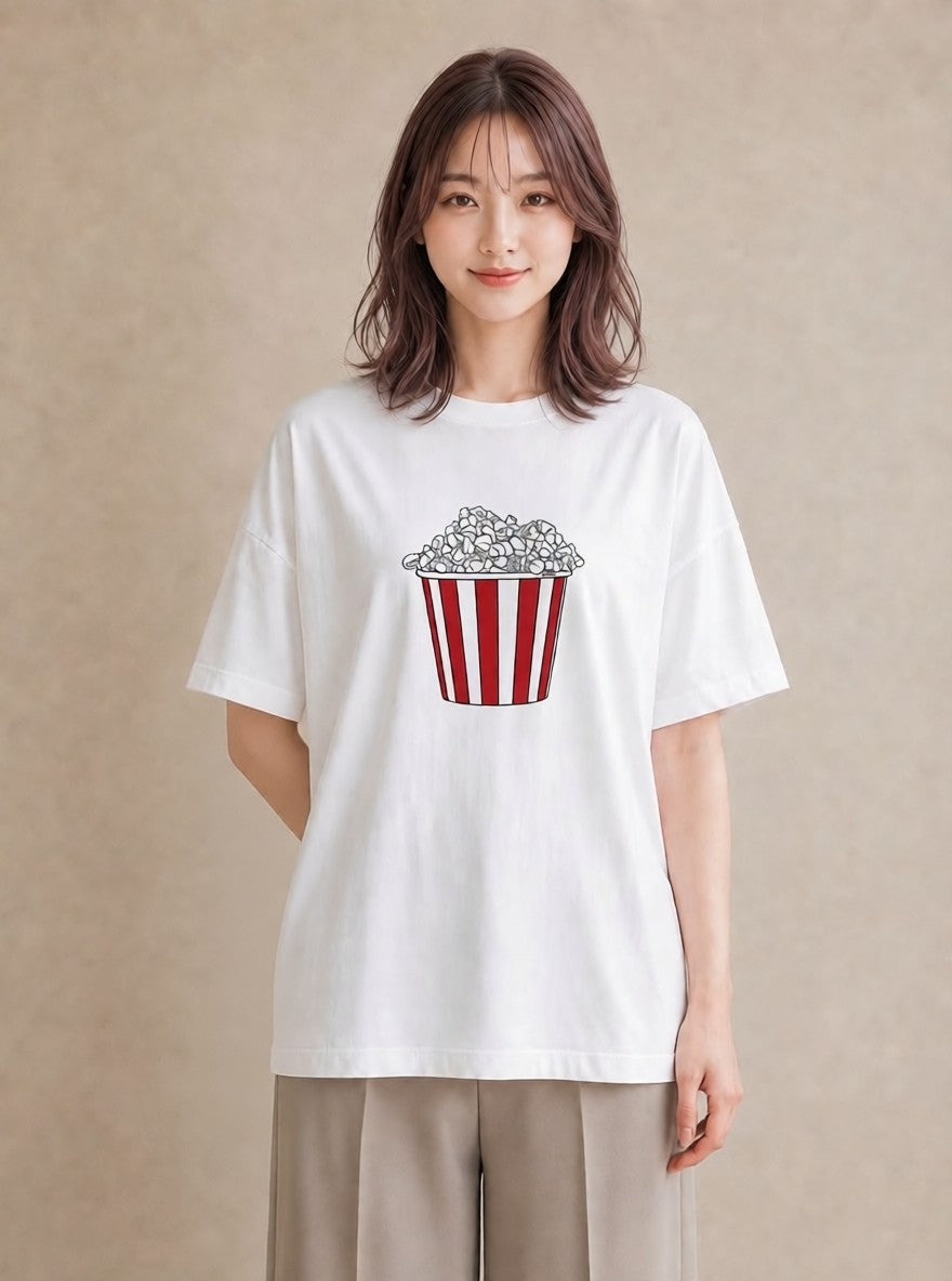 Tシャツ レディース ポップコーン 食べ物 フード イラスト 手描き風 女子会 お揃い 白T YMAZO