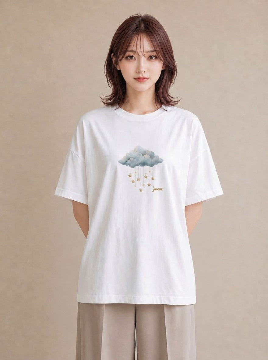 Tシャツ レディース 空 星空 宇宙 イラスト ゆるかわ ホワイトデー 春服 白T YMAZO