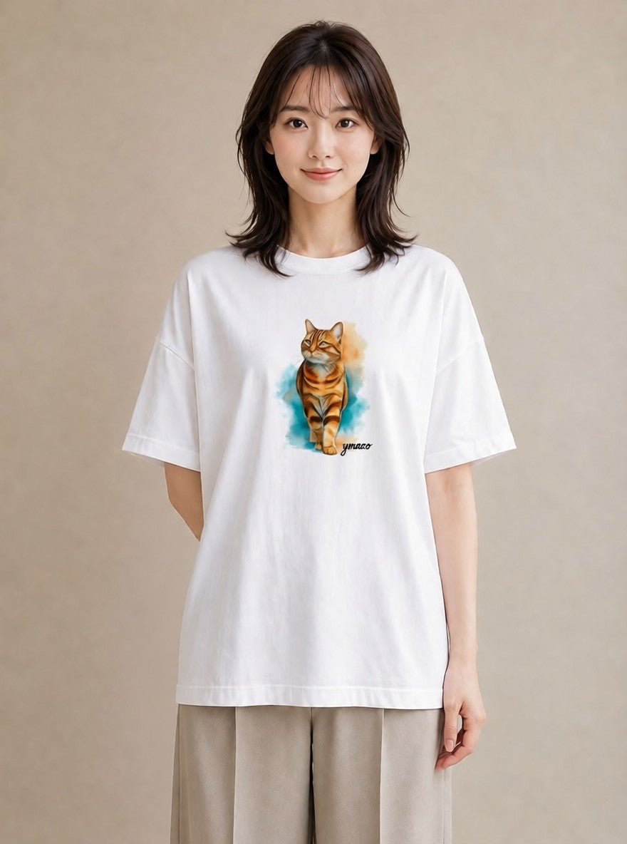 デザインTシャツ レディース おすわり猫 猫 ねこ イラスト 上品 カジュアルコーデ 買い物 白T YMAZO