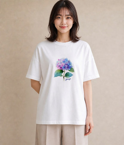 Tシャツ レディース あじさい 紫陽花 アジサイ 花 花柄 イラスト アート風 デイリーウェア 休日 白T YMAZO