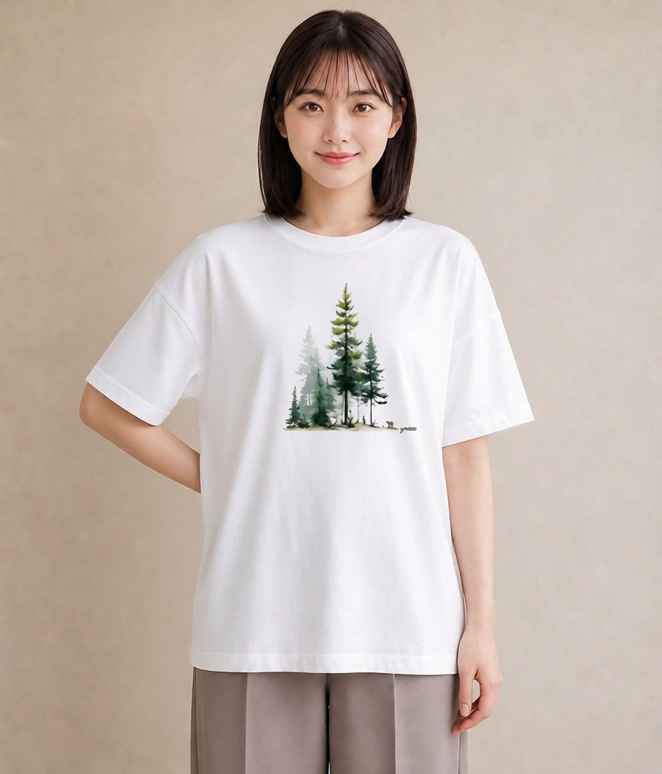 Tシャツ レディース 森 植物 ボタニカル イラスト 韓国風 友達ギフト 部屋着 白T YMAZO