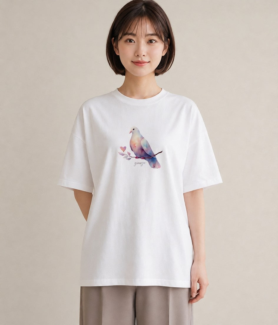 プリントTシャツ レディース ボタンインコ ペット 動物 イラスト こなれ感 ホワイトデー 春服 白T YMAZO