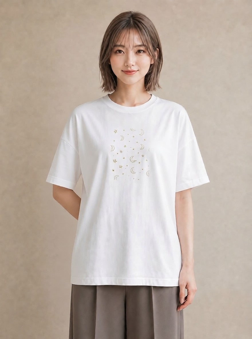 プリントTシャツ レディース 月と星 星空 ムーン イラスト フェミニン 敬老の日 ホワイトデー 白T YMAZO