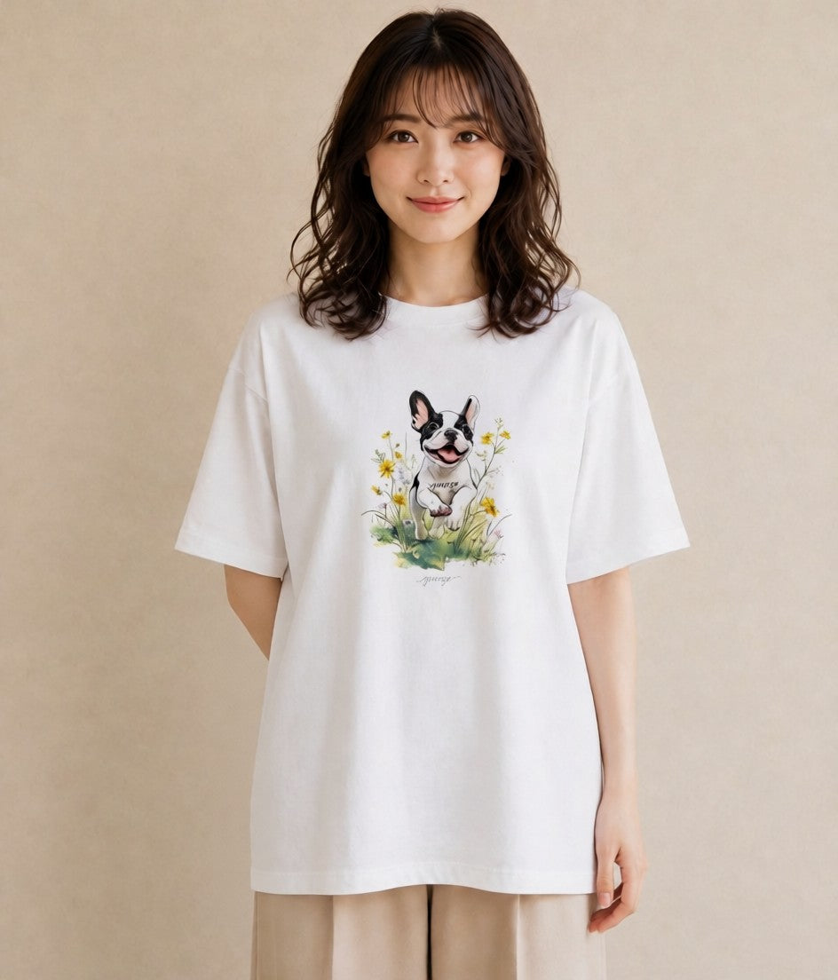 デザインTシャツ レディース フレンチブルドッグ フレブル 犬 いぬ イラスト 手描き風 春服 ミセス 白T YMAZO