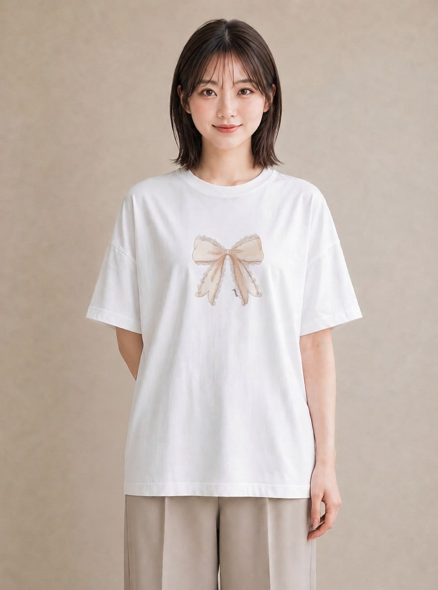 デザインTシャツ レディース レースハンカチ レース ハンカチ ナチュラル アンティーク イラスト 韓国風 自分用 ルームウェア 白T YMAZO