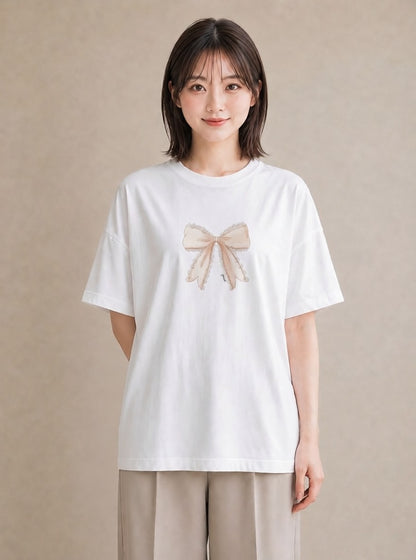 デザインTシャツ レディース レースハンカチ レース ハンカチ ナチュラル アンティーク イラスト 韓国風 自分用 ルームウェア 白T YMAZO