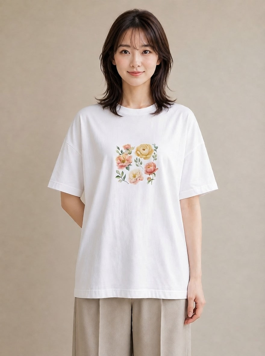 プリントTシャツ レディース 椿 花 花柄 イラスト 淡色 デイリーウェア 休日 白T YMAZO