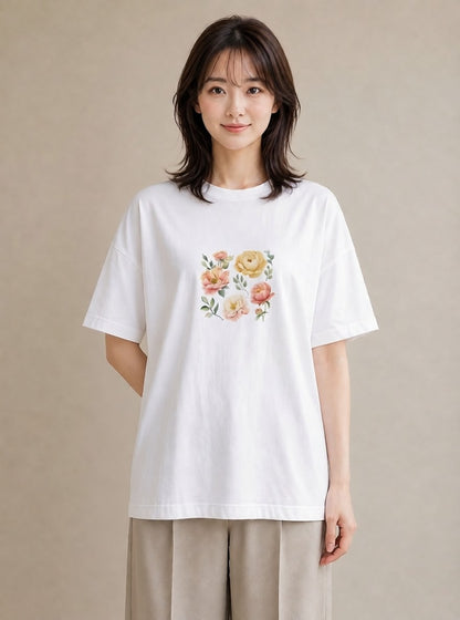 プリントTシャツ レディース 椿 花 花柄 イラスト 淡色 デイリーウェア 休日 白T YMAZO