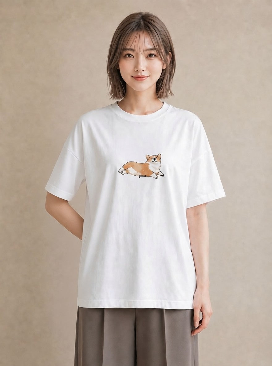 デザインTシャツ レディース ウェルシュコーギー コーギー 犬 いぬ イラスト 水彩風 在宅 公園 白T YMAZO