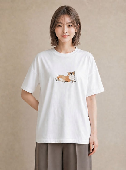 デザインTシャツ レディース ウェルシュコーギー コーギー 犬 いぬ イラスト 水彩風 在宅 公園 白T YMAZO