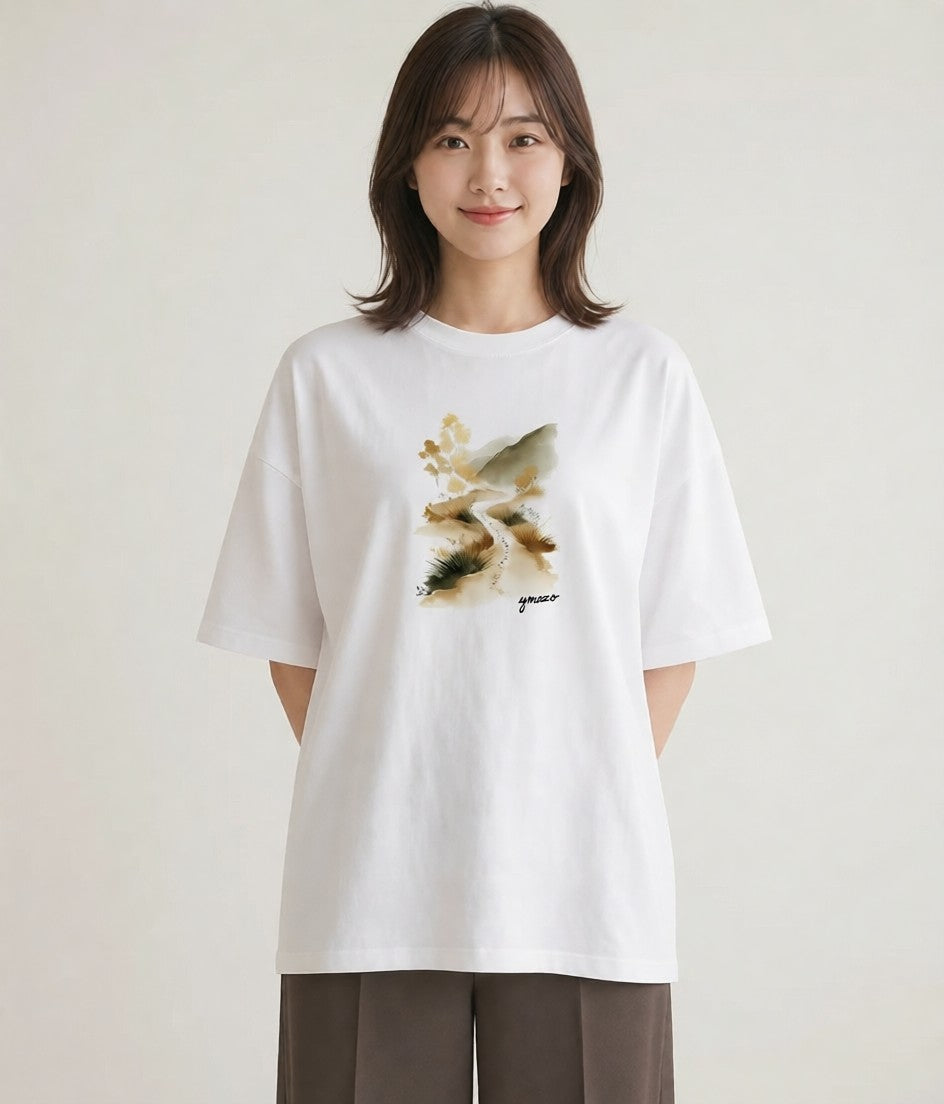 Tシャツ レディース 小川 橋 せせらぎ ナチュラル アンティーク イラスト きれいめカジュアル 部屋着 女性向けギフト 白T YMAZO