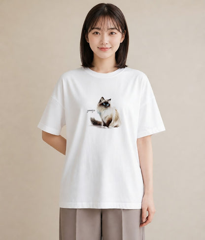 デザインTシャツ レディース 白猫 猫 ねこ イラスト ヴィンテージ風 クリスマス 旅行 白T YMAZO