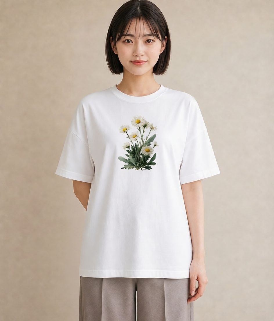 半袖Tシャツ レディース デイジー 花 花柄 イラスト シック 海 カフェ巡り 白T YMAZO