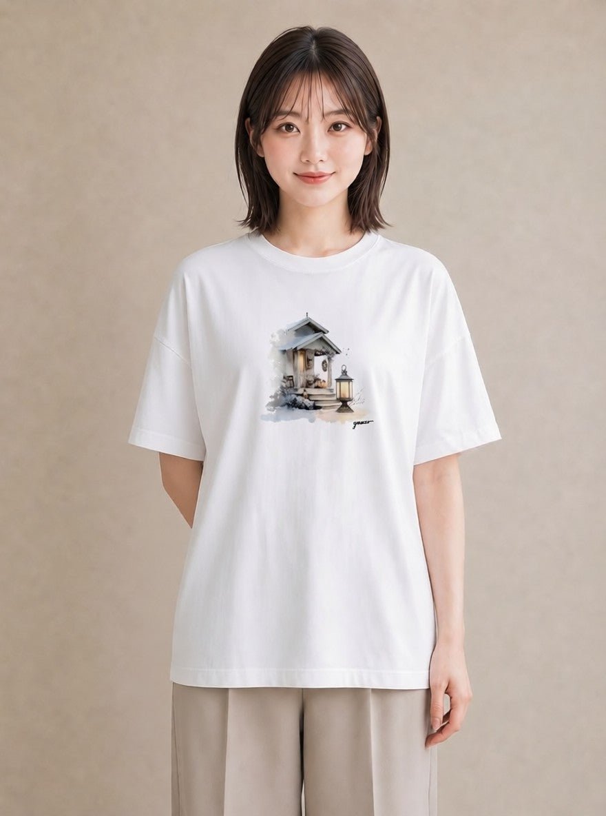 Tシャツ レディース 灯りの家 小屋 夜 ナチュラル アンティーク イラスト 可愛い 夏コーデ 通学 白T YMAZO