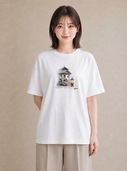 Tシャツ レディース 灯りの家 小屋 夜 ナチュラル アンティーク イラスト 可愛い 夏コーデ 通学 白T YMAZO