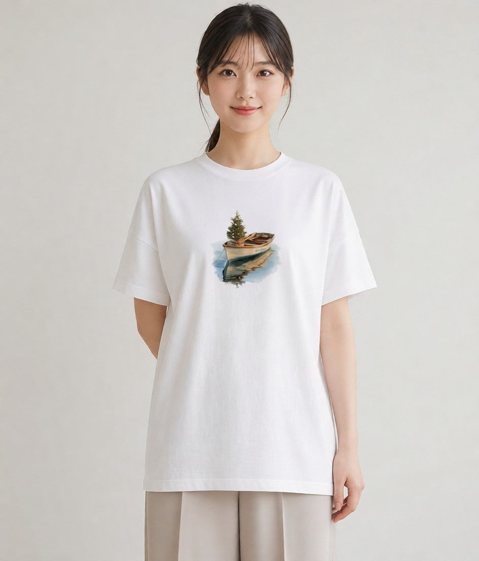 デザインTシャツ レディース 桟橋 水辺 波止場 ナチュラル アンティーク イラスト お洒落 春服 ミセス 白T YMAZO