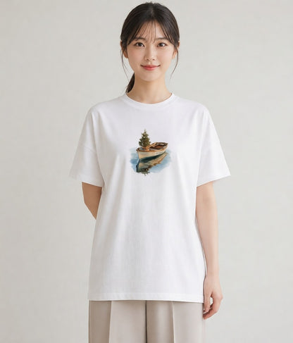 デザインTシャツ レディース 桟橋 水辺 波止場 ナチュラル アンティーク イラスト お洒落 春服 ミセス 白T YMAZO