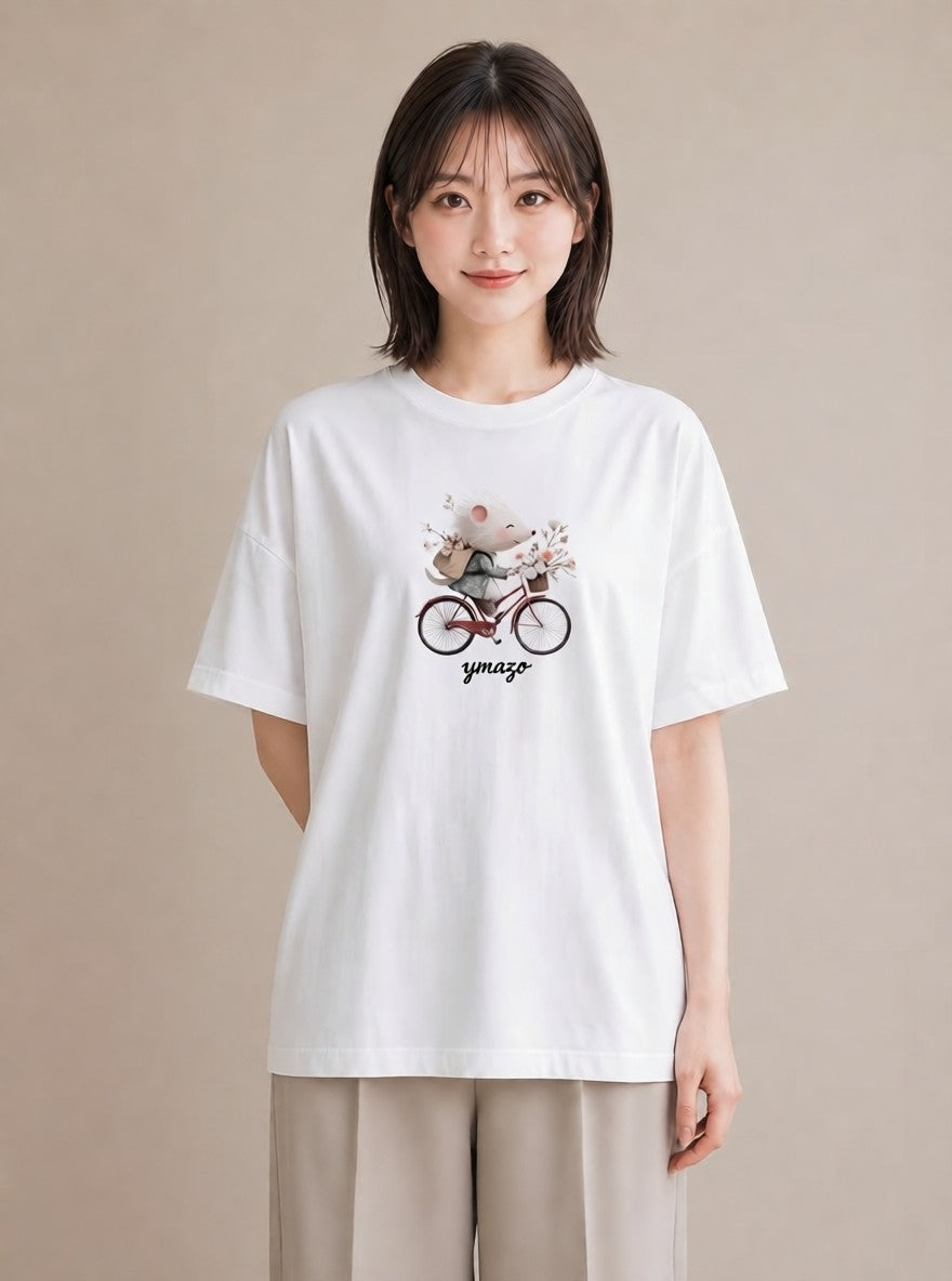 半袖Tシャツ レディース 自転車のかご 自転車 花かご ナチュラル アンティーク イラスト 韓国風 公園 ママ 白T YMAZO