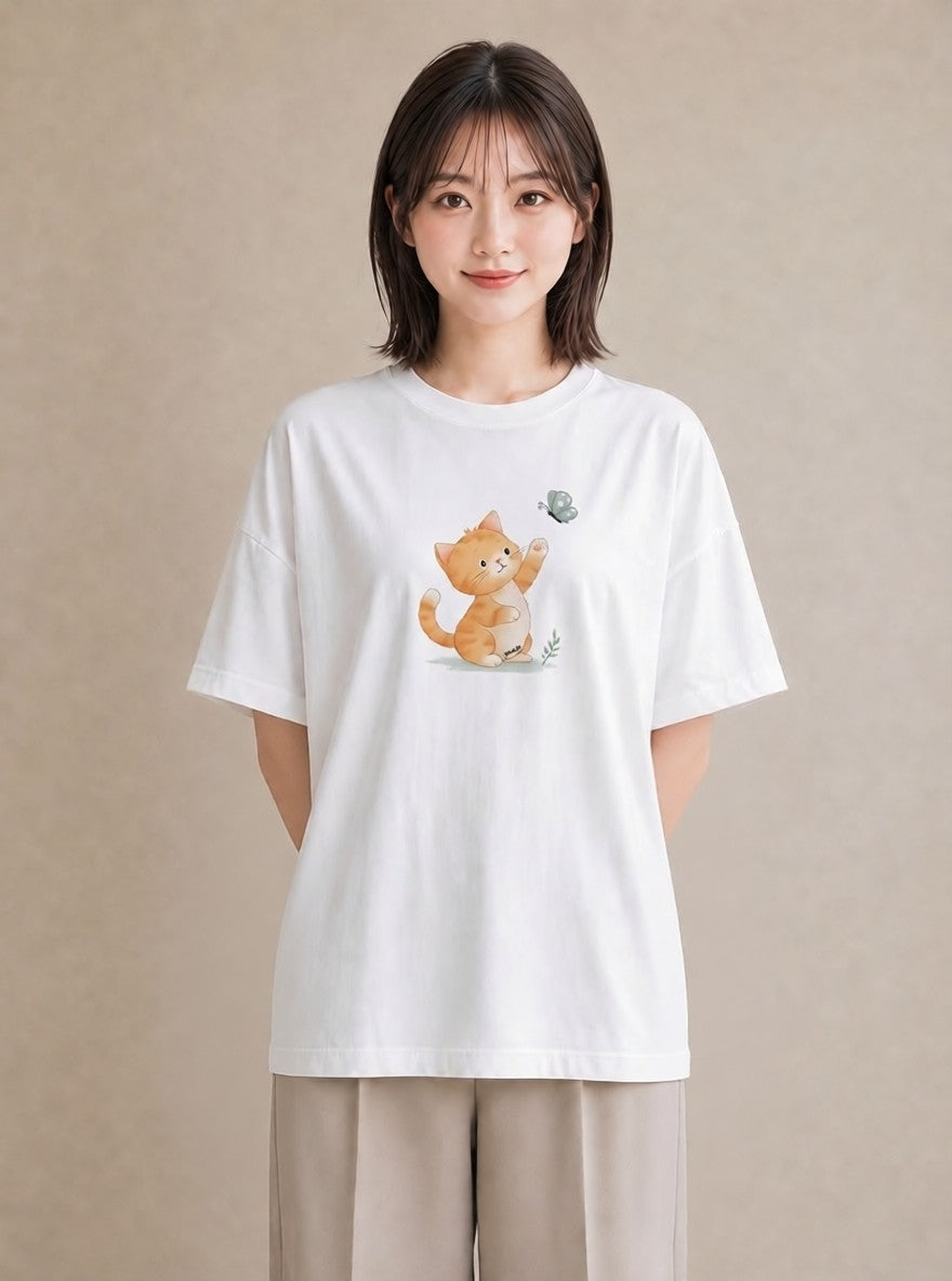 プリントTシャツ レディース 茶トラ 茶猫 猫 ねこ イラスト ラフカジュアル 友達ギフト 部屋着 白T YMAZO