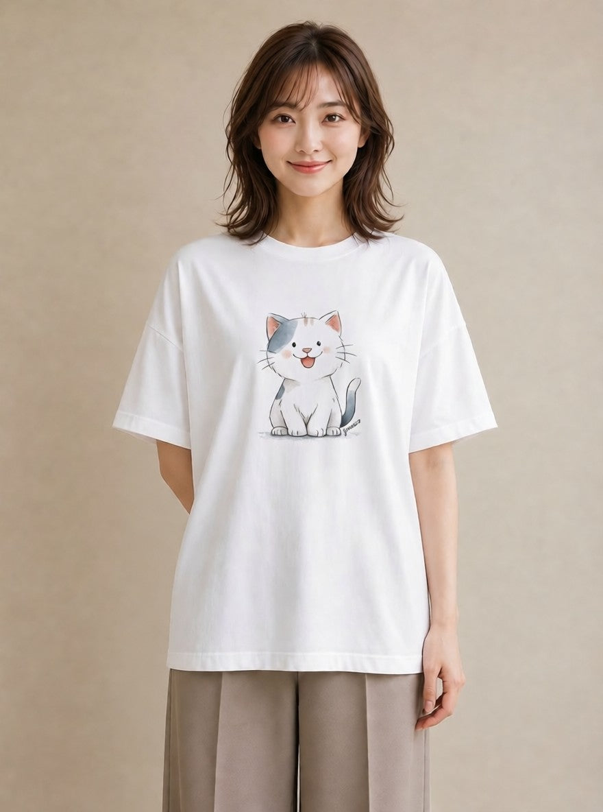 Tシャツ レディース 白猫 猫 ねこ イラスト 手描き風 海 カフェ巡り 白T YMAZO