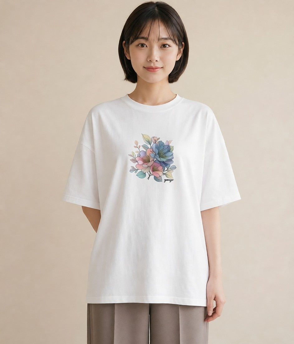 デザインTシャツ レディース あさがお 朝顔 花 花柄 イラスト シック 姉妹 送別ギフト 白T YMAZO