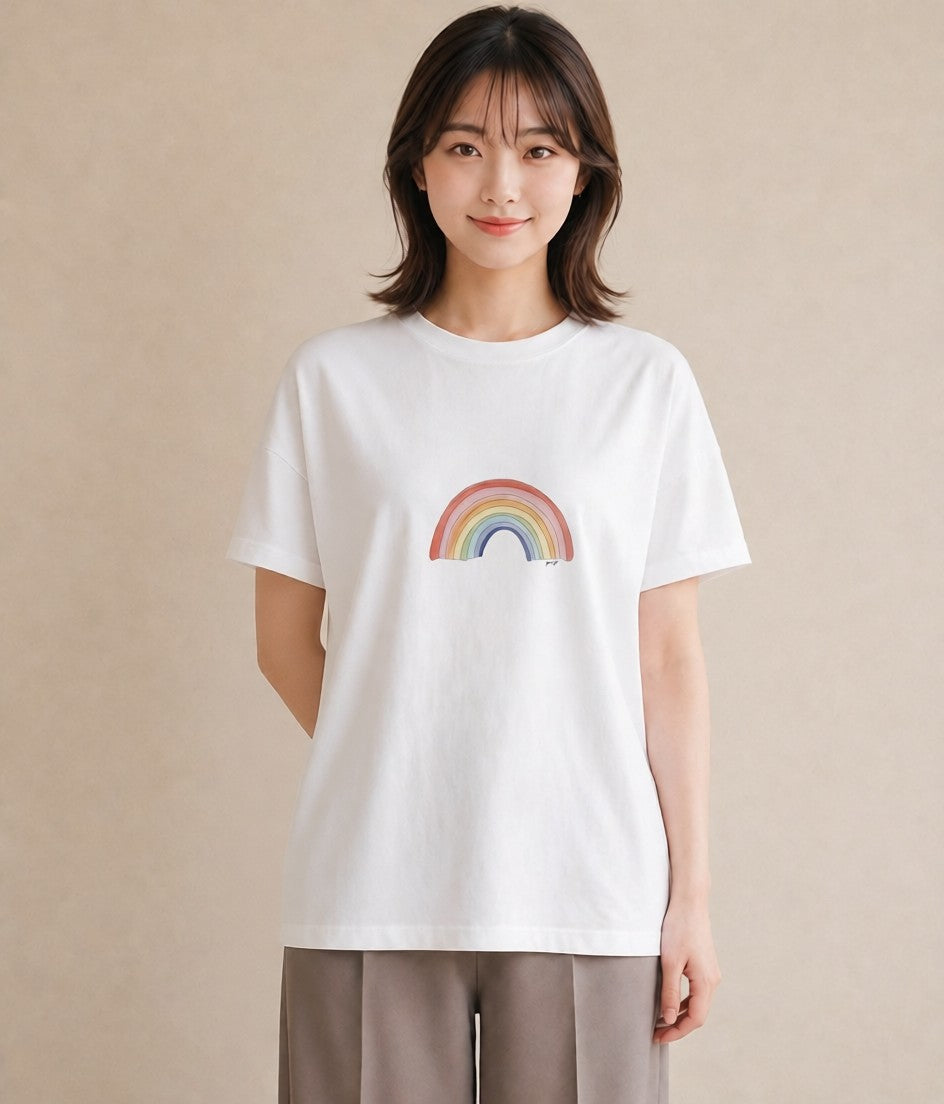 Tシャツ レディース 虹 星空 宇宙 イラスト 韓国風 在宅 公園 白T YMAZO