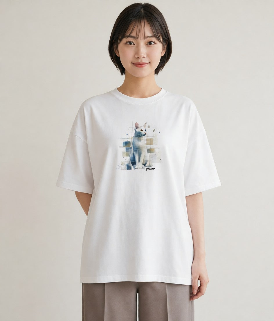 Tシャツ レディース ロシアンブルー 猫 ねこ イラスト ラフカジュアル 女性 旅行用 白T YMAZO
